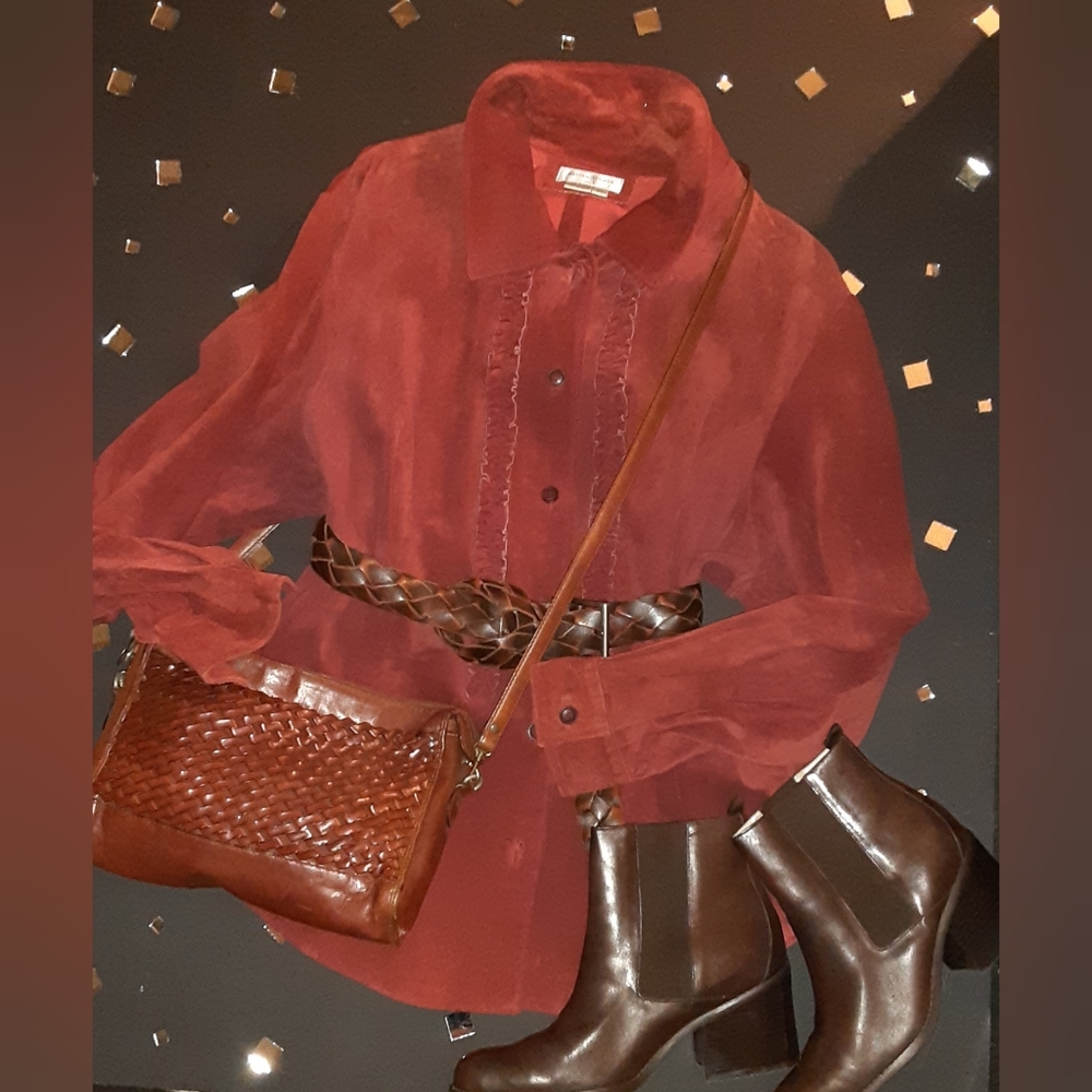 Genuine suede shirt with ruffle detail